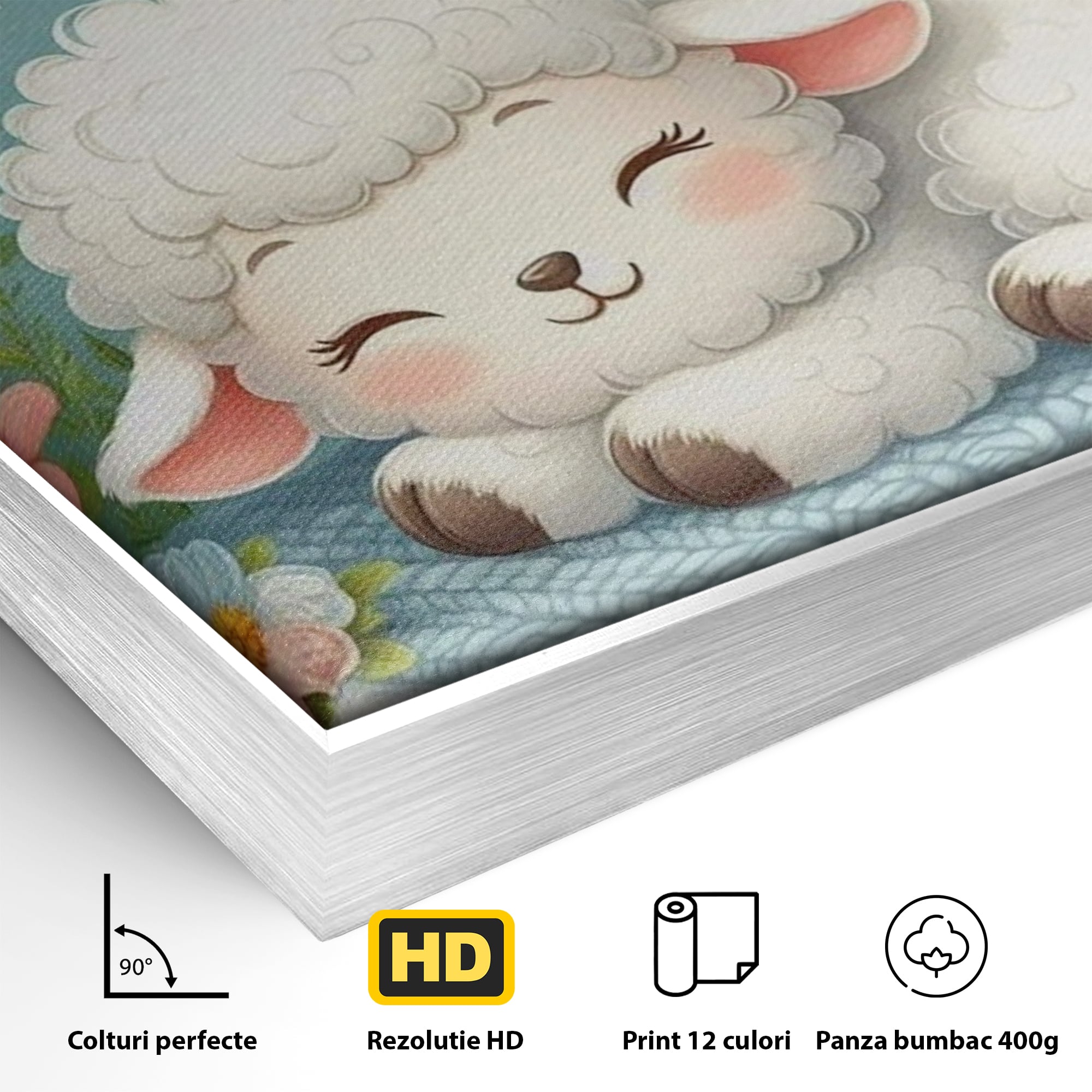 Detaliu al suprafetei: tablou canvas cu mielusel si pasarele, in rama de aluminiu argintiu